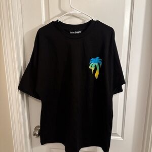 Palm Angels Black Tee with Blue and Yellow Palm Design